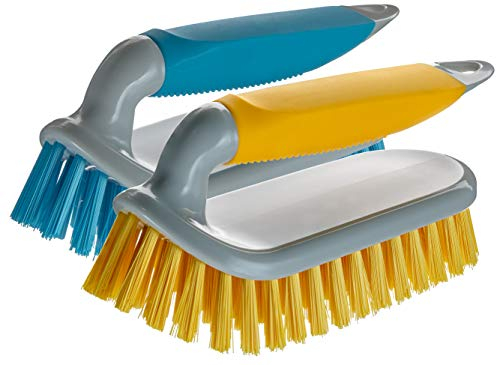 NCaan 2pk Deluxe Hand Scrubbing Brush Heavy Duty with Stiff Bristles & Non-Slip Soft Grip Handle-Household Cleaning Brush for Indoor & Outdoor, Bathroom, Kitchen, Carpet, Floor, Bath,Car (Assorted, 2)