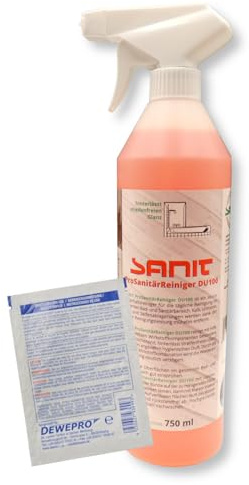 DEWEPRO Set: SANIT ProSanitärReiniger DU100 (3025) - Flasche à 750ml - Badreiniger - hervorragende Kalklöser mit Abperleffekt inkl. 1 St. DEWEPRO® Single Scrubs