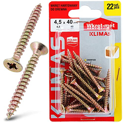 KLIMAS® Gehärtete Holzschrauben Spanplattenschrauben Senkkopf mit PZ-Kreuzschlitz 4,5 x 40 mm 22 Stück Flachkopf Selbstschneidende Schrauben Set Universalschrauben Terrasenschrauben Edelstahlschrauben