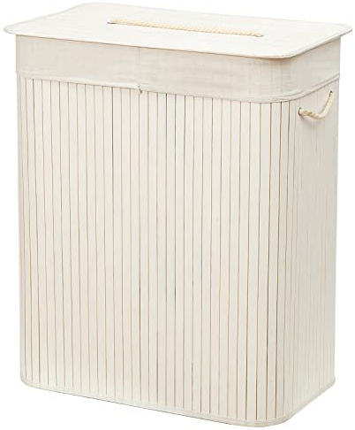 FunkyBuys Bamboo Laundry Basket Foldable Storage Hamper with Removable Washable Lining laundry Small Laundry Bins Laundry Hamper with Lid Bamboo Laundry Storage Basket Laundry Bag (White, Rectangular)