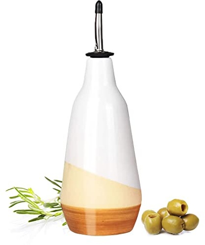 Ceramic Cruet Olive Oil Dispenser Bottle - Perfect Home Decor Gift - 400ml Vinegar Bottle with Pourers - Beige Olive Carafe for Kitchen - Cruet for Vinegar and Oil 9 H 3 W