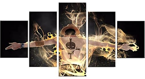 MPPSU Kunstdrucke Modular Wandkunst Modern Wanddekoration Wandbilder Wohnzimmer Leinwandbild 5 Teiliges Poster Set XXL Bilder Kreatives Geschenk Mit Rahmen 150 * 80 One Piece Anime-Poster Ruffy Manga