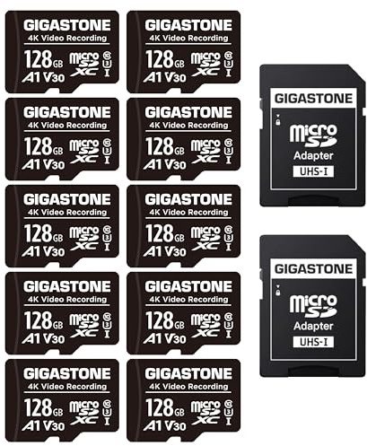 GIGASTONE 128GB de 10 Tarjetas Micro SD, Video, Vigilancia, Cámara, Drone, Tarjeta de Memoria MicroSDXC UHS-I Clase 10, 85MB/s, con Adaptador.