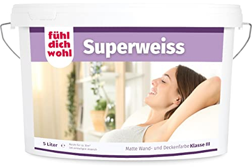 Fühl Dich Wohl Superweiss weiße Innenwandfarbe 5l, matt weiss Wand Farbe weiß hohe Deckkraft für Innen Ausbesserungsfarbe tropfarm dispersionsfarbe deckend 5 Liter