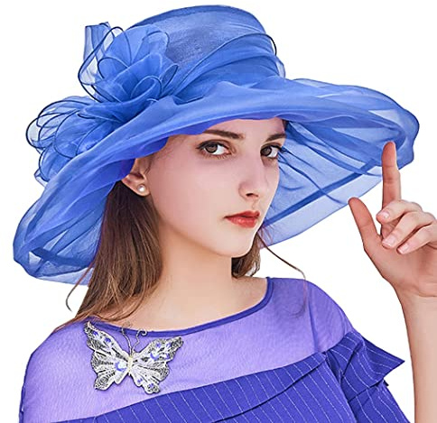 ZESLIV Damenhut Organza Hut Hochzeit Anlasshut Brauthut Sonnenhut mit Organza Blumen Sommerhut Sonnenschutz Strandhut Strohhüte