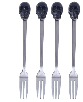 JKUHA 4-teiliges schwarzes Totenkopf-Gabel-Set, 304 Edelstahl, Skelettkopfgabel, westlicher Salat, Obstgabel, Besteck for Halloween, Gothic-Party