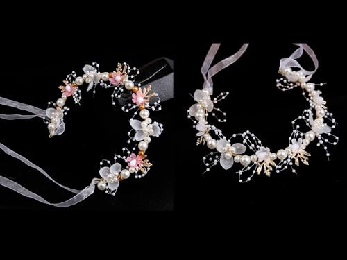 2 Stück Blumenstirnband,Blumen und Perle Strass Blumen-Haarbänder,Haarschmuck Kommunion,Braut Blumenkranz,Hochzeits Haarschmuck Kopfschmuck für Damen und Mädchen,Hochzeit,Geburtstag,Party,Weiß+Rosa