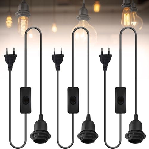 Lot de 3 prises E27 avec câble et interrupteur, culot E27 avec câble de 1,8 m, anneau à vis, base de lampe avec prise pour suspension de lampe, chambre à coucher, salle à manger