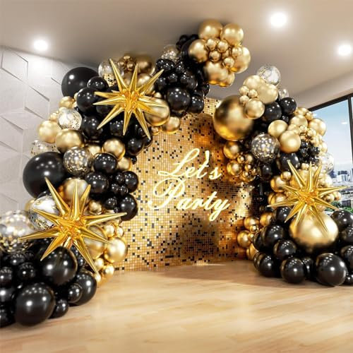 Kit de guirnalda de arco de globos de color negro y dorado, kit de arco de globos de 132 piezas con globos de aluminio en ráfaga de estrellas, globos de látex para cumpleaños, graduación, Año Nuevo,