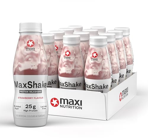 MaxiNutrition MaxShake Protein Milchshake Erdbeere, 12x 330ml, cremiger Eiweiß-Shake für unterwegs, 25g Protein, low fat & low carb, laktosefrei, ohne künstliche Aromen, Made in Germany