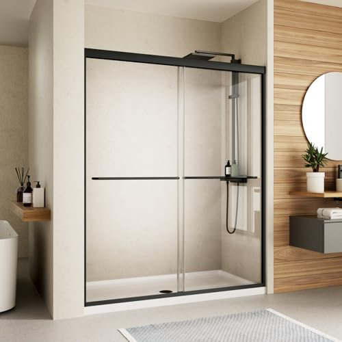 Shower Door,50-54 W x 70 H Semi-Frameless Double Sliding Glass Shower Doors with 1/4'' (6mm) Clear SGCC Tempered Glass Panel,Bypass Shower Enclosure,Matte Black