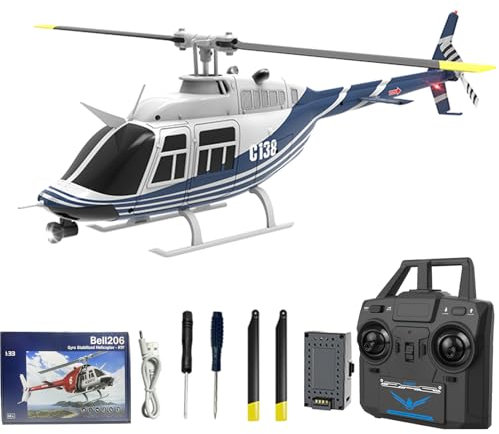 Hylukon C138 Remote Control Helicopter, 1:33 Scale Bell206 Helicopter 2.4G 4CH RTF Single Propeller Aileron Free, Six-axis Gyroscope, Modular Battery, One-Touch Function Gift for Adults (1 Batteries)