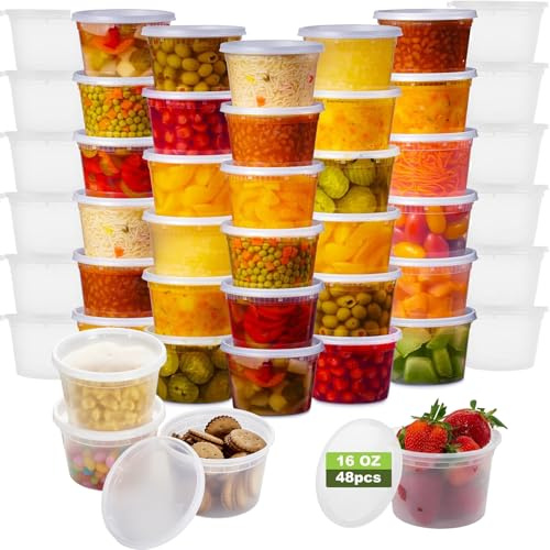 LOPYXBR 48 contenitori rotondi per alimenti con coperchio, da 500 ml, riutilizzabili, contenitori per zuppe e congelatori, con coperchio, contenitori in plastica da asporto con coperchio, per zuppe e