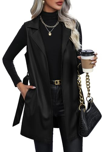 Solyinne Women's Faux Leather Long PU Vest Sleeveless Open Front PU Leather Vest Jacket with Belt