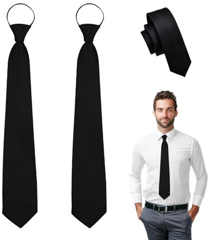 2 Stück Krawatten für Herren, Krawatte Schwarz, Herren Krawatten Set, Elegante Schmale Schwarze Seidenkrawatten mit Gummizug und Reißverschluss für Geschäft, Büro, Hochzeiten & andere Formelle Anlässe