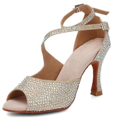 Syrads Scarpe da Ballo Latino da Donna Salsa in Raso Scarpe da Ballo da Ballo da Sala per Principianti sociali Salsa Festa da Ballo Latino,Oro 9cm Heel,37 EU