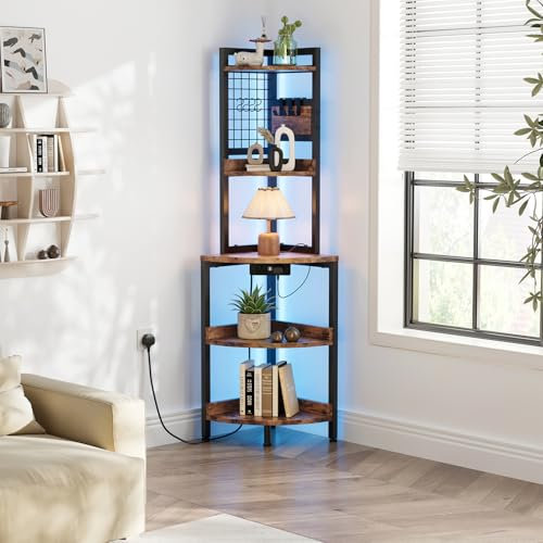 Dripex 152cm Tall Corner Shelf with Power Outlets & Strip Lights, 5 Tier Corner Corner Ladder Shelf, Freestanding Industrial Corner Bookshelf Plant Stand for Small Spaces