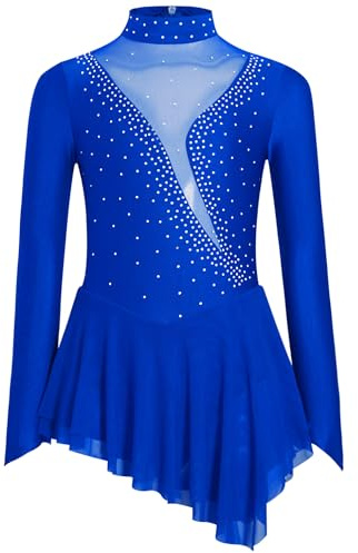 Freebily Abito da Pattinaggio Artistico Bambina Maniche Lunghe Vestito Danza Classica Ballerina con Strass Leotard Body Ginnastica Artistica Costume da Ballo Latino Americano Blu 11-12 Anni