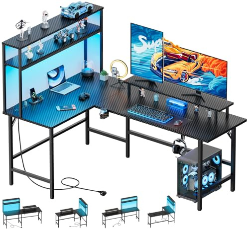 HLFURNIEU Scrivania Angolare con LED, 170 x 100 cm Scrivania Gaming a L con Prese di Corrent e Porta USB, Tavolo Angolo Salvaspazio con Libreria, Scrivania per Computer con Supporto per Monitor
