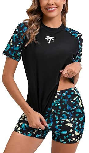 Halcurt Women's Built in Bra Rash Guard UPF 50 Two Piece Swimsuit Shirt and Board Shorts, Black Dotted Pattern, XXL