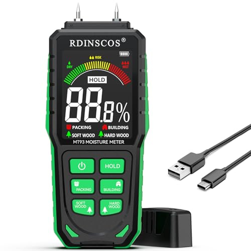 RDINSOCS Medidor de Humedad con Aguja,Adecuado Para la Determinación Rápida del Contenido de Humedad de Madera, Papel, Pladur, Hormigón y Construcción, Higrometro con Batería y Pantalla LCD en Color