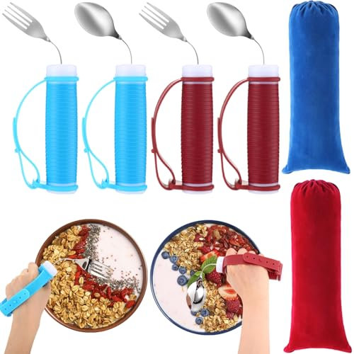 Teenyyou Juego de 4 utensilios adaptativos giratorios de 360°, utensilios de acero inoxidable, cuchara y tenedor, utensilios pesados con asas antideslizantes de fácil agarre y 2 bolsas para temblores