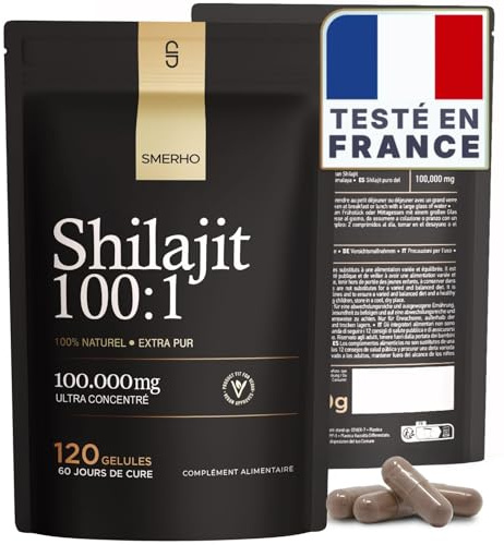 SHILAJIT PURE Gélules ULTRA-CONCENTRÉ 100 000 mg d'Équivalent | Shilajit gelule Himalaya de Qualité Française | Action COMPLÈTE - 100% Pur, Puissant & Naturel | PREMIUM 120 Gélules
