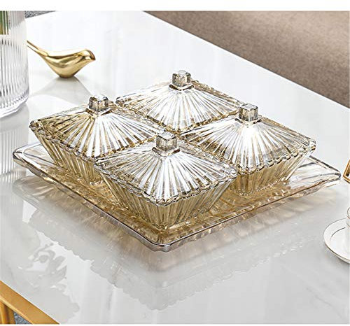 Plato de cristal de 4 secciones con 4 platos de frutas de rejilla, platos de cocina para aperitivos de confitería y plato de frutas secas para decoración del hogar, color marrón