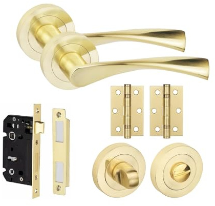 Golden Grace Astrid Bathroom Door Handle Set with Thumbturn, Bathroom Set | Includes 3-inch ball bearing hinges and a 64mm mortise lock for complete setup; metal base withstands high bathroom humidity.