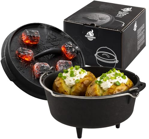 Feuergott Dutch Oven 1,5L mit Füßen – Gusseiserner Feuertopf für Lagerfeuer, Dreibein, Bushcraft, Camping, Outdoor Küche – Mini Schmortopf für Schichtfleisch, Brot, Beilagen, Trekking, Glut, Grill