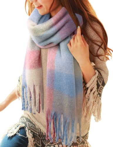CMTOP Schal Damen Winter Warme Kariert Deckenschal Groß Lang Kariert Tartan Lattice Warmer Oversized Fransen Poncho Wintersch