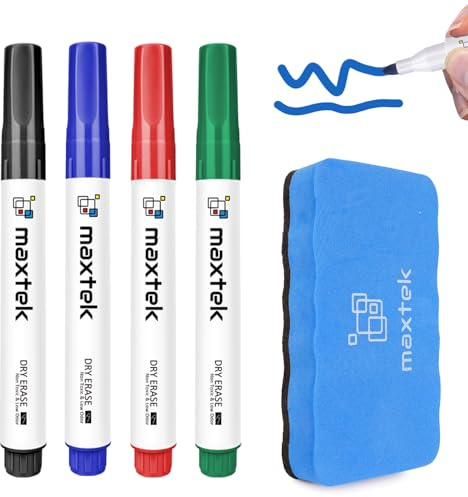 maxtek Whiteboard Marker Mit Magnetisch Schwamm, 4 Farben White Board Stifte Abwischbar Rundspitze 2 mm Linien, Folienstift Abwischbar für Schule, Büro, Zuhause, 4 Stück
