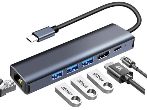 Hub USB C Ethernet 1000M,6 en 1 Docking Station con HDMI 4K@30Hz,PD 100W,3 USB-A 3.0 5Gbps,Tipo C Ethernet RJ45 Gigabit Adaptador para iPhone serie 16/15,MacBook Pro/Air,iMac, iPad Pro,Surface,Samsung
