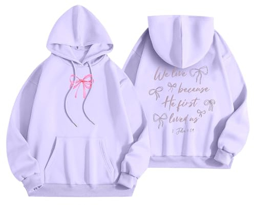 Generisch Sudadera con capucha casual para mujer con estampado de lazo, suéter de otoño e invierno, cómodo y elegante suéter rojo mujer, Color lila claro., S