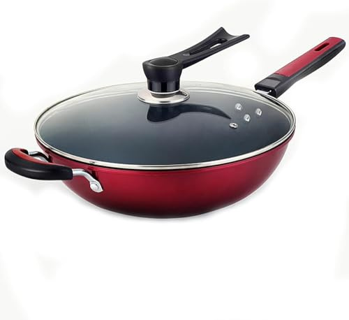 Wokpfanne aus Gusseisen, Antihaft-Wokpfanne mit flachem Boden, Wok mit Deckel aus gehärtetem Glas, breite Griffe, großer, tiefer Wok, geeignet für alle Herdarten, einschließlich Induk(32cm)