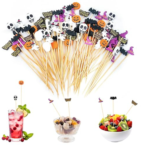 100 stycken halloween-cocktailspetsset: MSLHUB 12 cm halloween träspett, fingerfood tandpetare med dödskalle, pumpa, fladdermus spöke, spindel, halloween festspett, för cocktail, tårta, dekoration