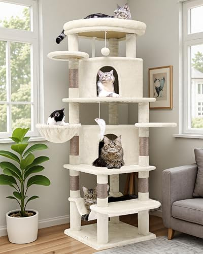 Globlazer Rascador para gatos, beige marrón, grande, estable, esquina, 167 cm, 2 casetas, plataforma acolchada, cesta grande, juego (C66)