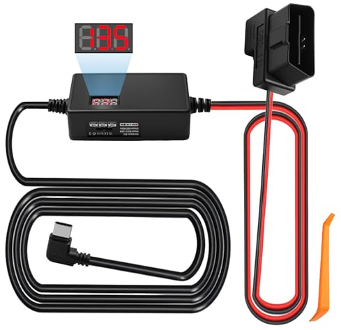Dash Cam Hardwire Kit USB C to OBD Power Cable for Dash Camera | Cars GPS Hard Wiring Kit 12V-24V to 5V with LCD Display Parking ACC Mode 3 Stage Low Voltage Protection 24 Hours Surveillance