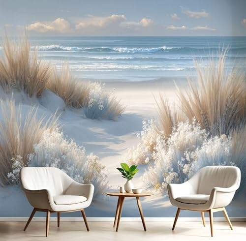Art Papel Tapiz Fotográfico Dunas De Hierba Papel Pintado Fotomurales Azul Claro 200X140Cm Pared Cuarto Póster Olas Del Océano Mural Para Salón Dormitorio Infantil Decoración