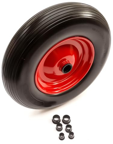 4.00-8 PU Red Metal Wheel & Tyre Solid Flat Free 15 Inch Wheelbarrow Puncture Proof Includes 25/20/16/13mm Bore Bush Set 75mm Hub Reducer Bushes Wheel Barrow Replaces 400-8, 4.00x8