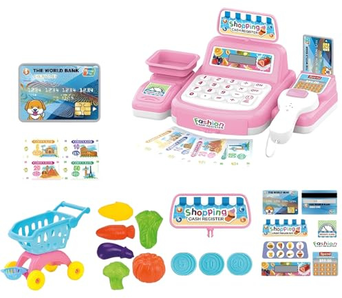 LEBKFT Interactive Cash Register Toy for Kids 3+, Pretend Play Shop with Scanner Sounds Play Money Coins Shopping Basket Credit Card and Food Role Play Toys for Boys and Girls Gift (Pink)