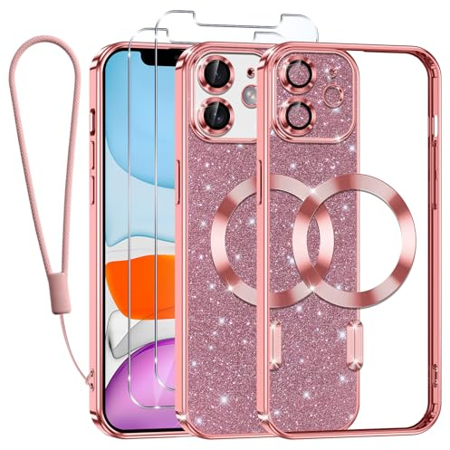 Tikfrlo Glitter Magnétique Coque pour iPhone 11 avec Cordon, Compatible avec MagSafe Antichoc Brillant Paillette Housse Étui Transparent Protection Case avec 2 Verre Trempé pour Femme et Fillese Rose