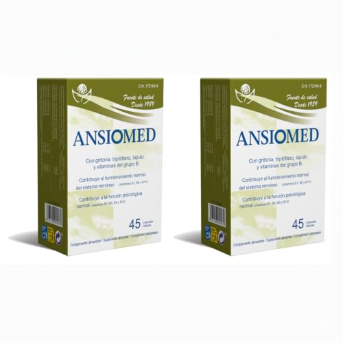 Ansiomed 45 Cápsulas - Pack de 2 Unidades - Ayuda a tu Bienestar Psicológico frente a Periodos de Ansiedad - con Triptófano, Grifonia, Lúpulo (300mg) y Vitaminas