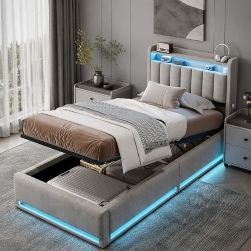 Einzelbett 90x200 cm, Modernes Polsterbett mit LED-Beleuchtung und USB-Ladefunktion, hydraulisches Bett mit Stauraum und Lattenrost, Jugendbett Rückenlehne Bettgestell,ohne Matratze (Grau+Samt)