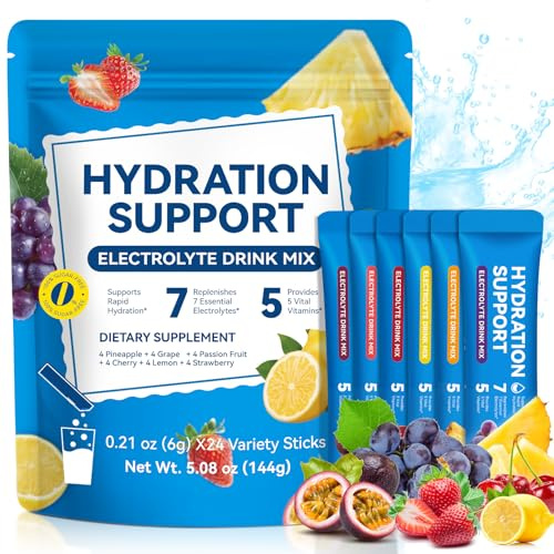 Elettroliti in Polvere 24 Bustine, Senza Zucchero, 6 Gusti Frutta Assortiti, Magnesio, Potassio e Vitamine, Bevanda Idratante Portatile per Uso Quotidiano, Sport e Attività All’Aperto