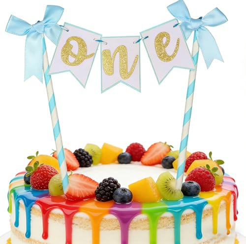 1st Birthday Cake Topper - Linen & Bamboo ONE Cake Flag with Bow and Detachable Photo Frame - Reusable Party Decoration for Baby's First Birthday