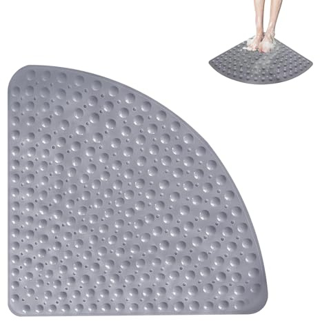 Hörnduschmatta, triangulär, 80 x 80 cm, duschmatta, halkfri, duschinlägg halkfri, badkarsmatta halkfri, med sugkoppar och dropphål, för dusch och bastu (grå)