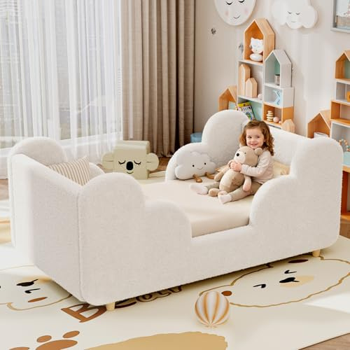 ZIKEBTUY 70x140cm Toddler Bed, Floor Bed for Kids Frame (White Clouds) | Whole bed Upholstered design, Montessori Toddler Bed, Soft as a Cloud, Single children's bed For boys, girls