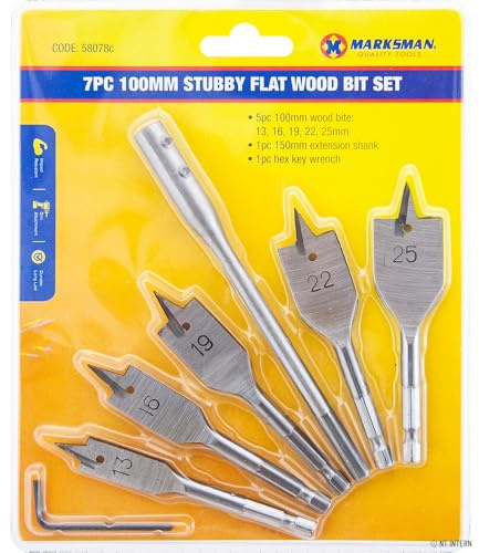 7PC 100MM STUBBY FLAT WOOD BIT SET DRILL EXTENSION SHORT NEW HEX KEY WRENCH WORK