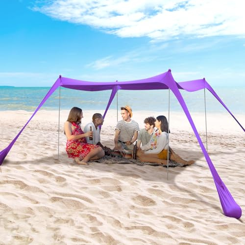 BOTINDO Family Beach Tent Canopy Sun Shade, Pop Up Grande Beach Tent Sun Shelter Stability 4 Poles with Portable Carry Bag Outdoor Shade for Fishing Backyard Camping (Purple, 10x10FT 4Pole)